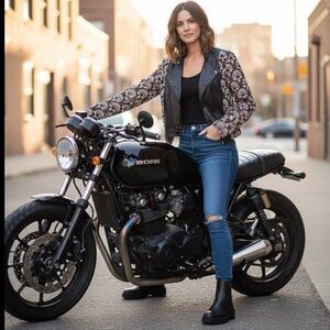 Yyigal Black Faux Leather & Pink Lace Moto Biker Jacket, Size Medium